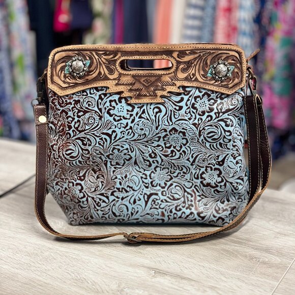 Myra Bag Handbags - Myra Bag – Blue Blossoms Hand-Tooled Crossbody (Style S-3363